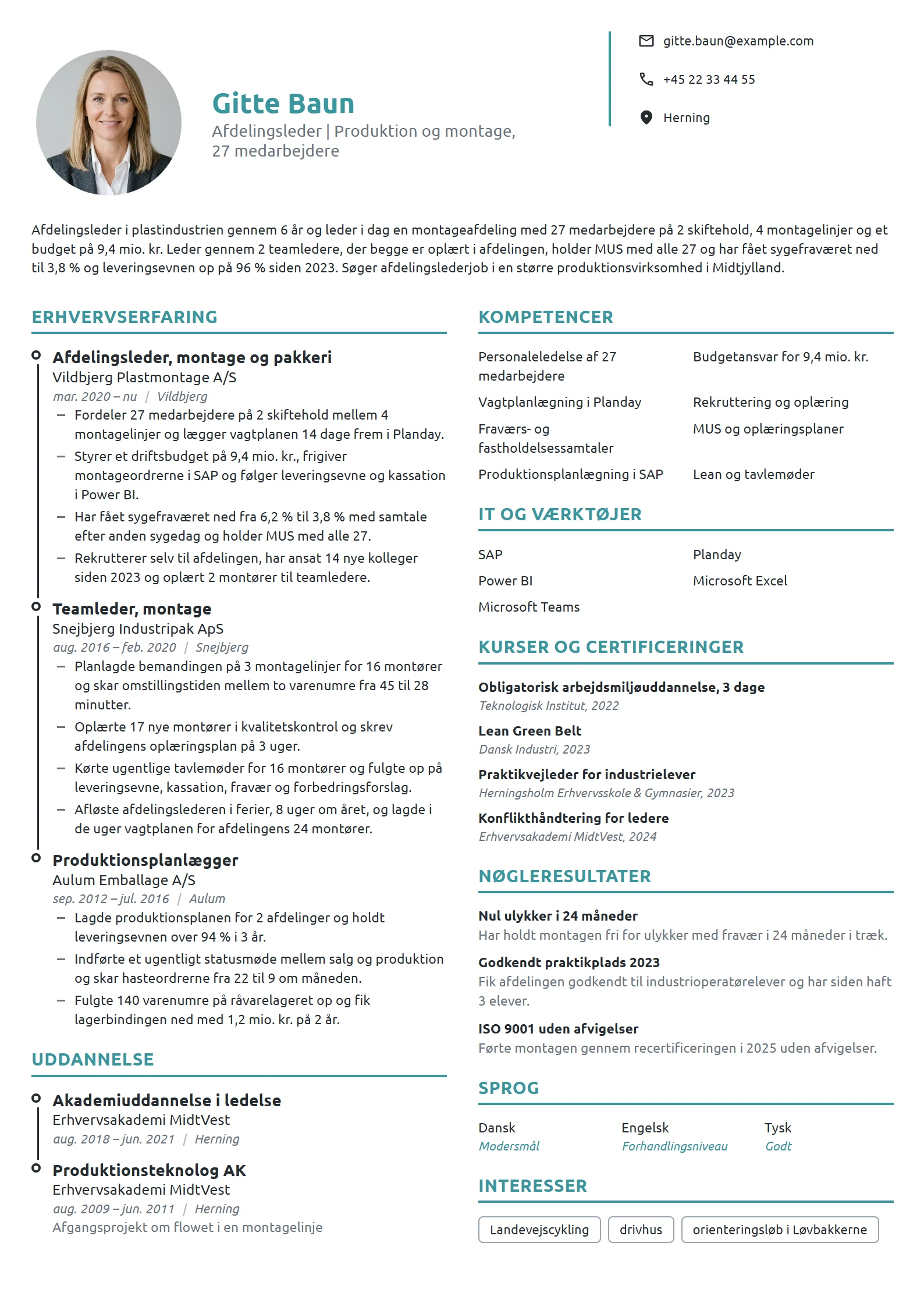 CV-eksempel til afdelingsleder i produktion