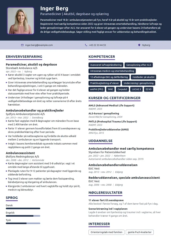 CV-eksempel til paramediciner med uddannelsesansvar