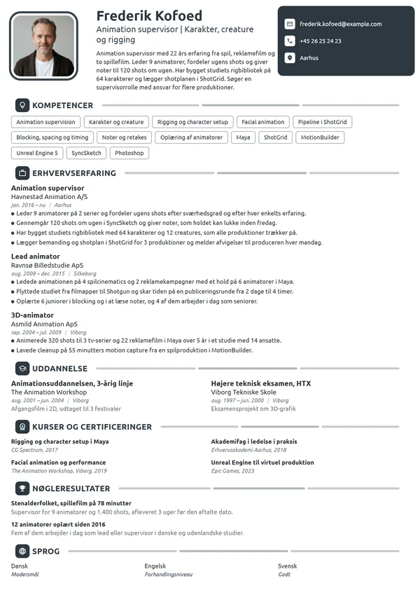 CV-eksempel til animation supervisor med 22 års erfaring