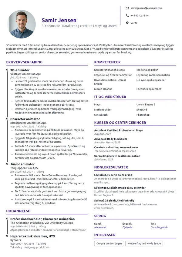 CV-eksempel til erfaren 3D-animator til spil og film