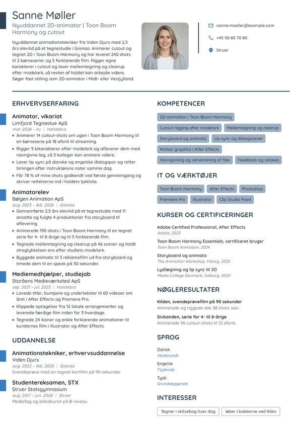 CV-eksempel til nyuddannet 2D-animator fra elevplads
