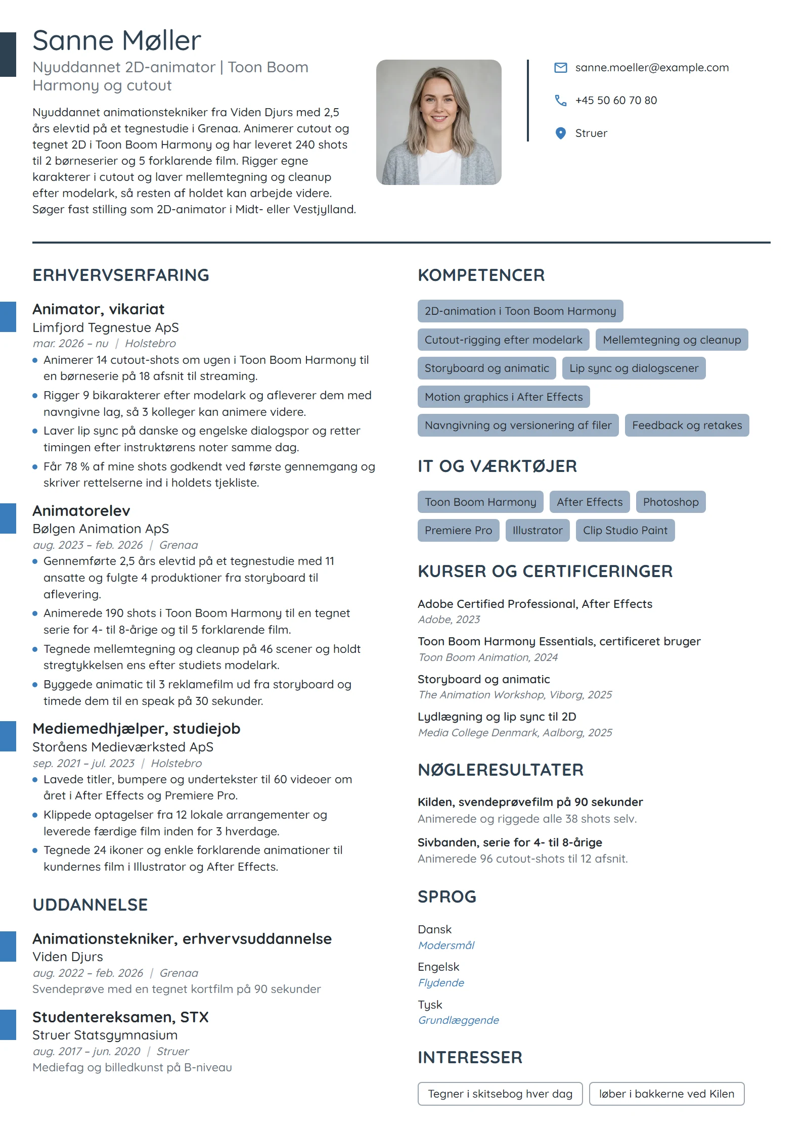 CV-eksempel til nyuddannet 2D-animator fra elevplads