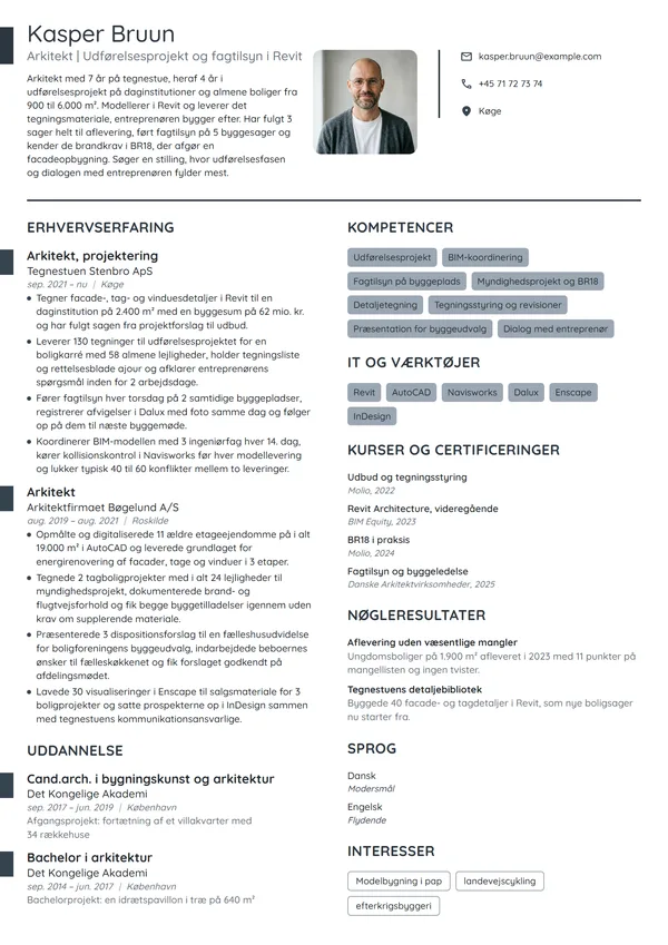 CV-eksempel til arkitekt i udførelsesprojekt