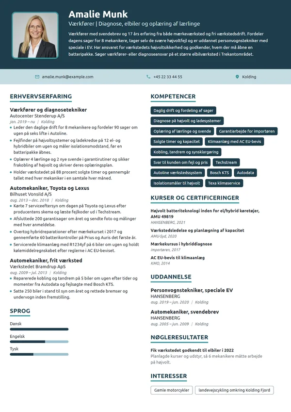 CV-eksempel til værkfører og diagnosetekniker