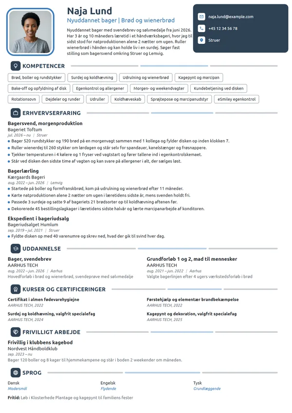 CV-eksempel til nyuddannet bager, svendebrev i 2026