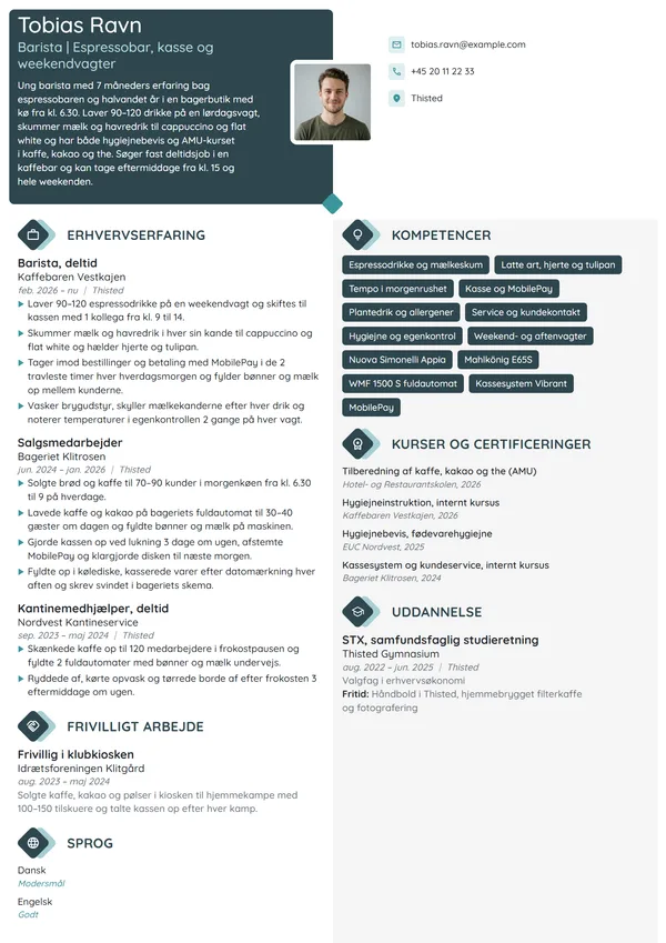 CV-eksempel til ung barista med første caféjob