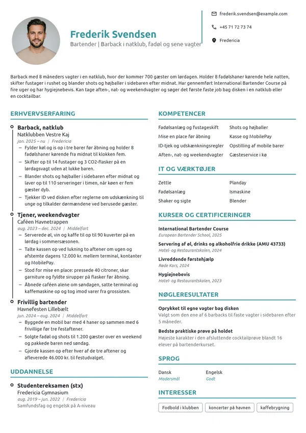 CV-eksempel til ny bartender med barback-vagter