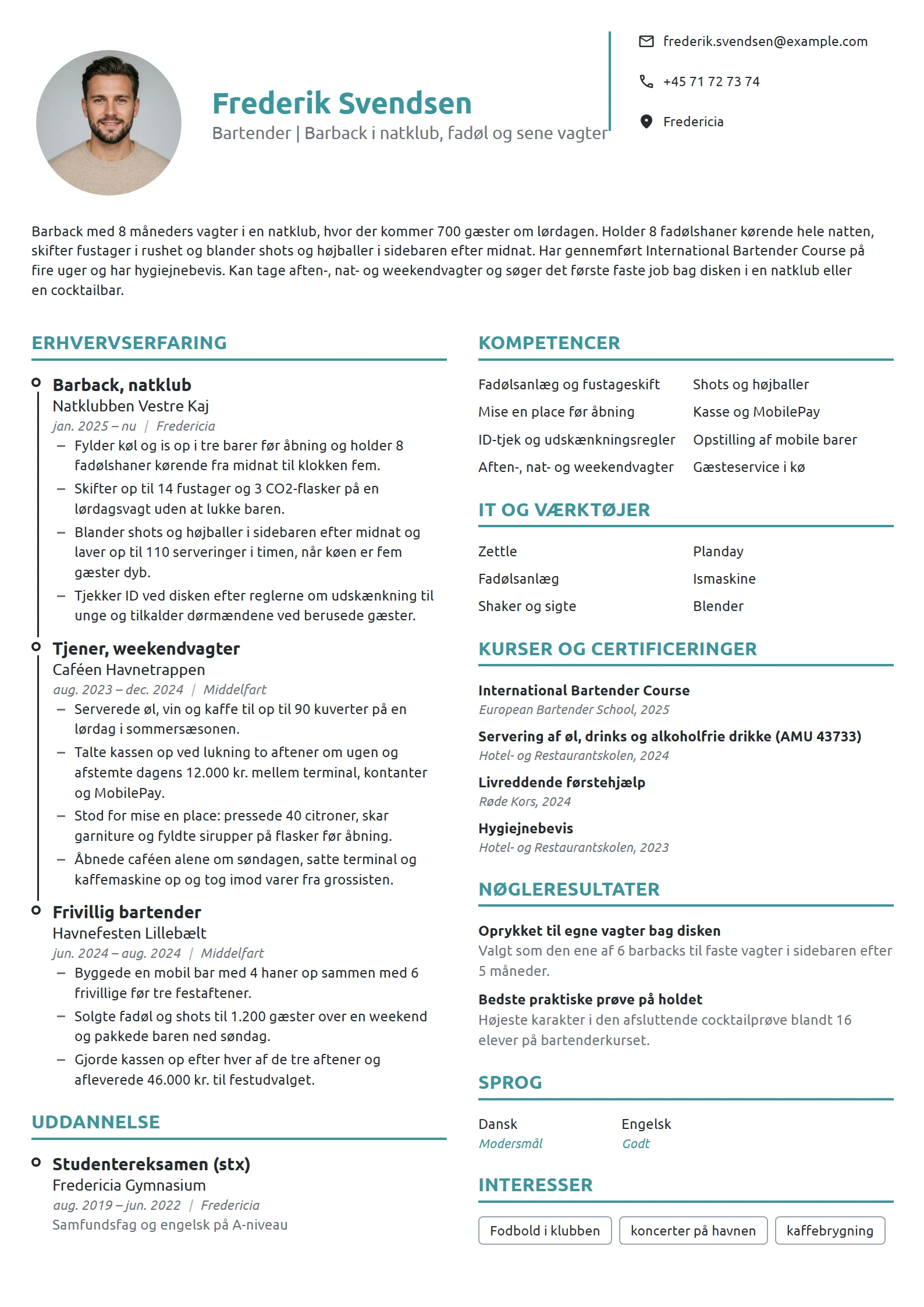 CV-eksempel til ny bartender med barback-vagter