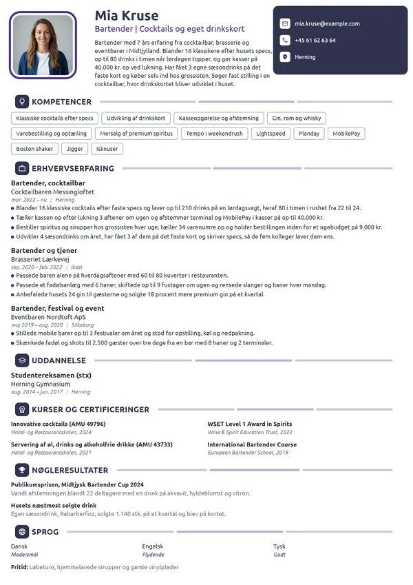 CV-eksempel til erfaren bartender i cocktailbar