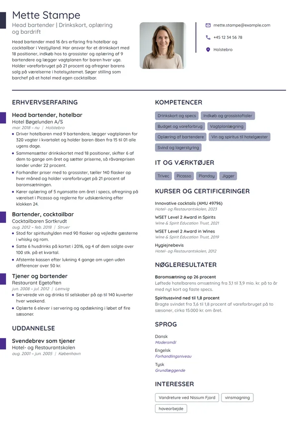 CV-eksempel til head bartender med driftsansvar