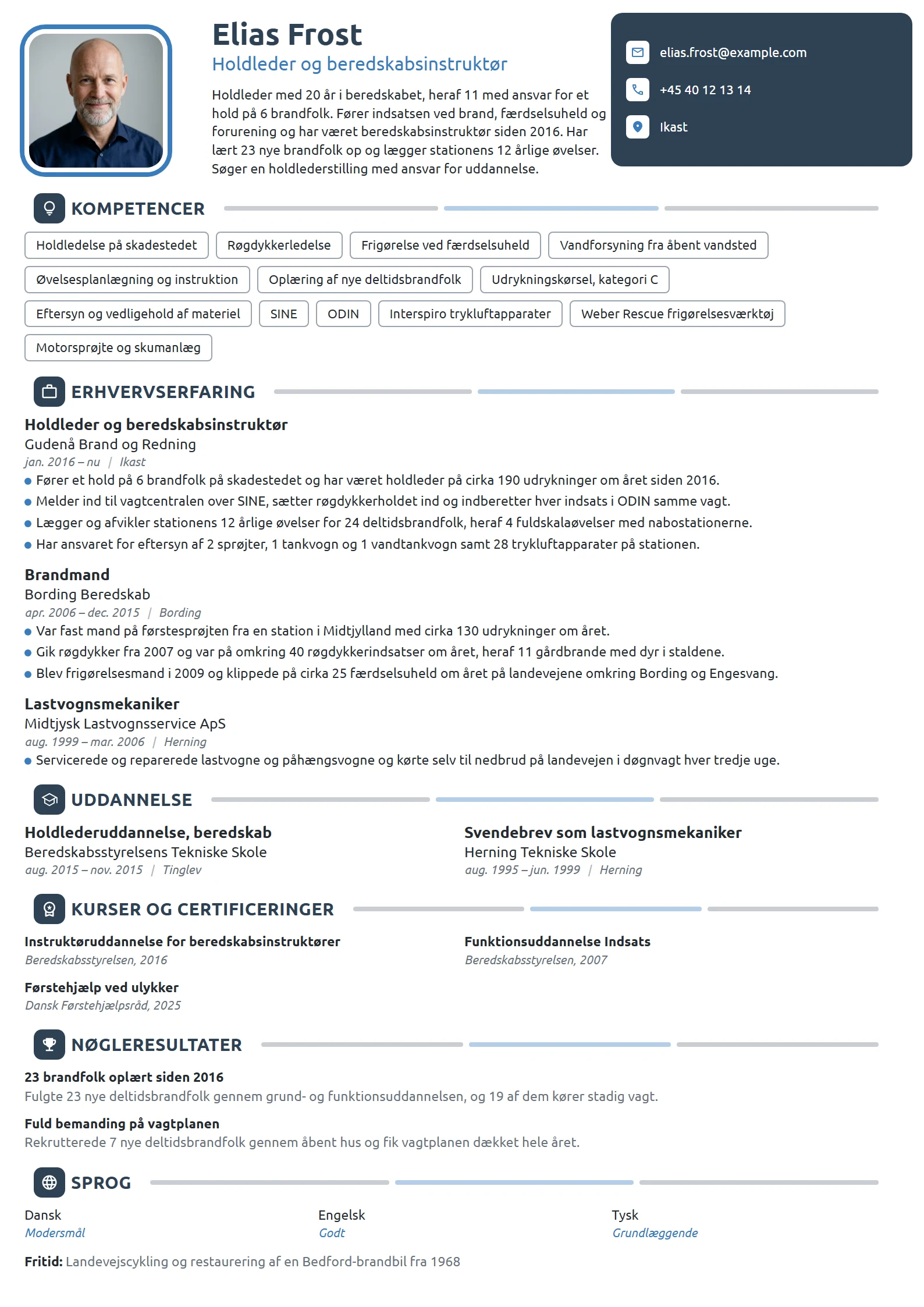 CV-eksempel til holdleder med 20 år i beredskabet