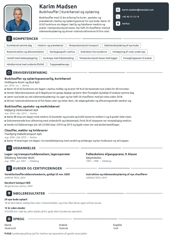 CV-eksempel til kurérchauffør med oplæringsansvar