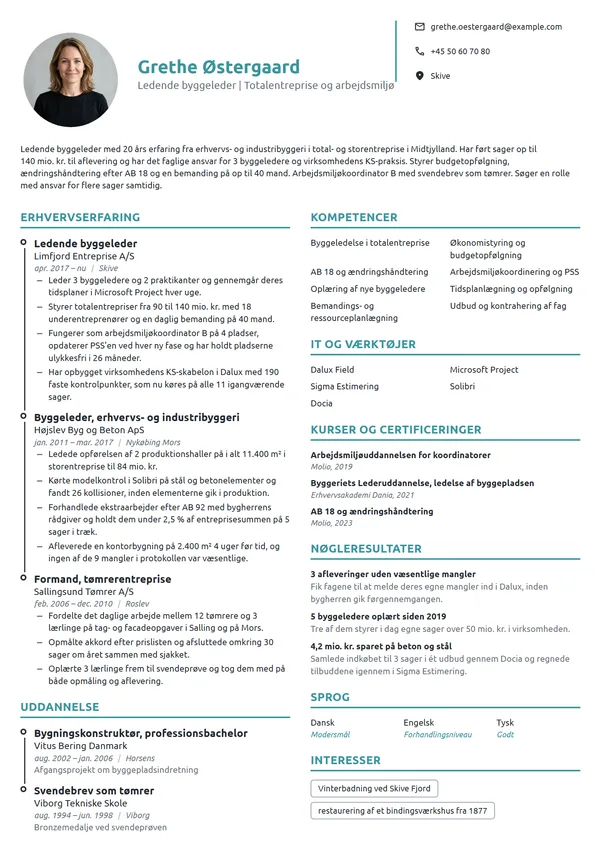 CV-eksempel til ledende byggeleder med 20 års erfaring