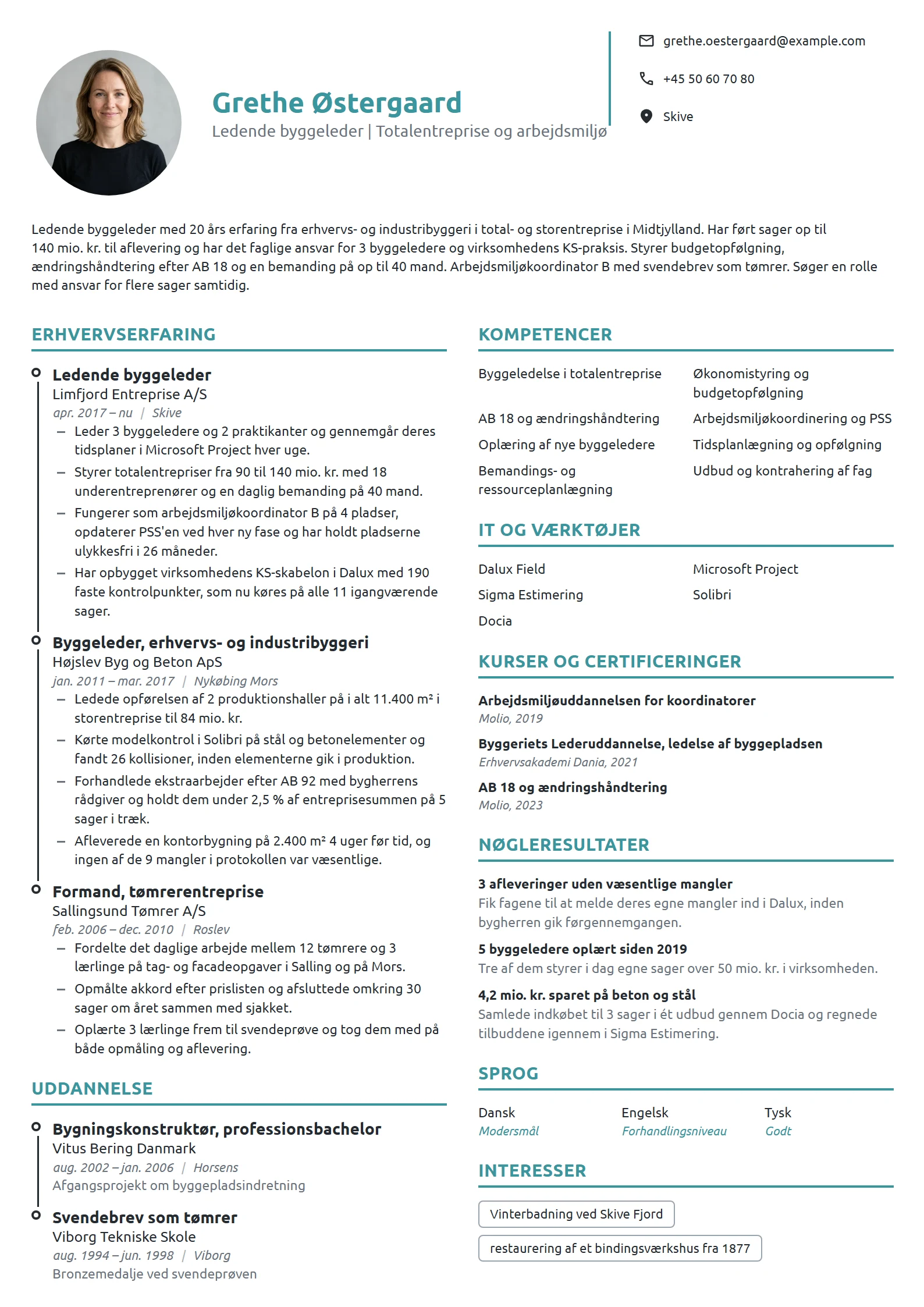 CV-eksempel til ledende byggeleder med 20 års erfaring