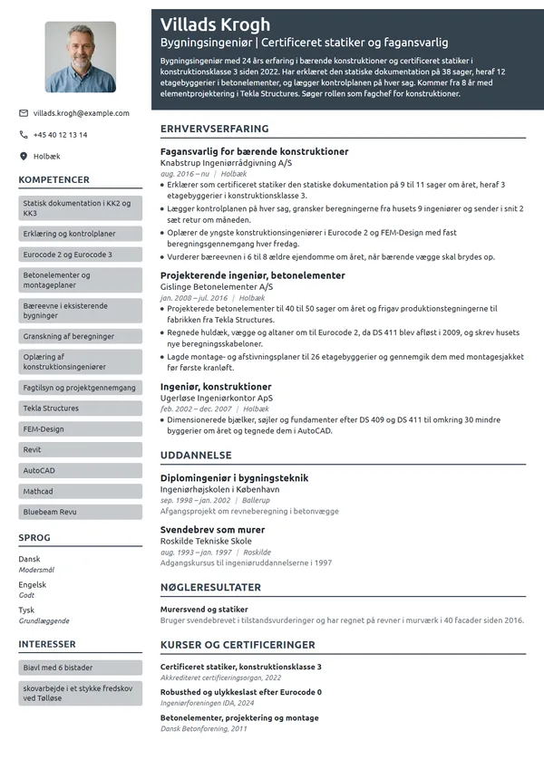 CV-eksempel til certificeret statiker med 24 års erfaring