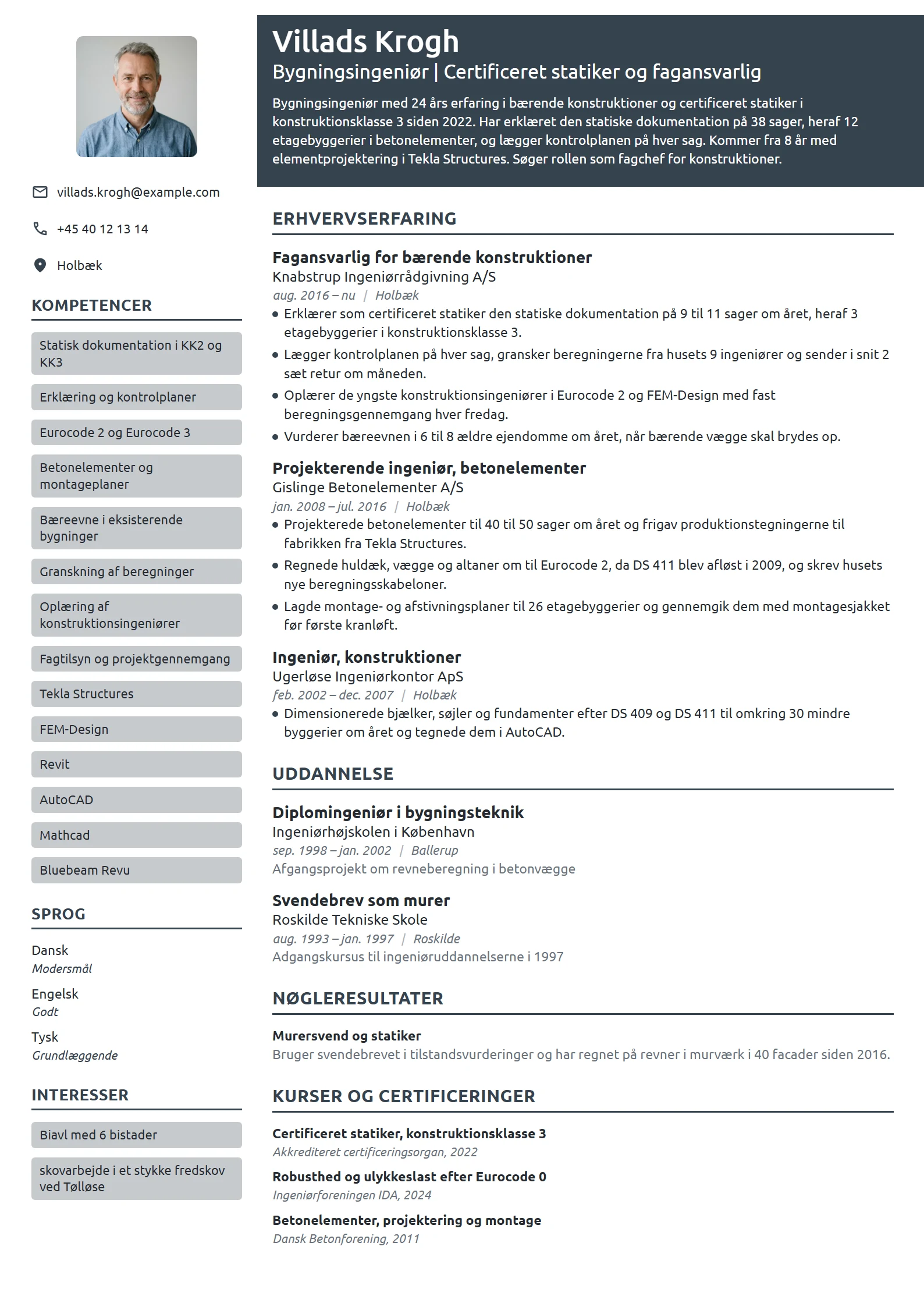 CV-eksempel til certificeret statiker med 24 års erfaring
