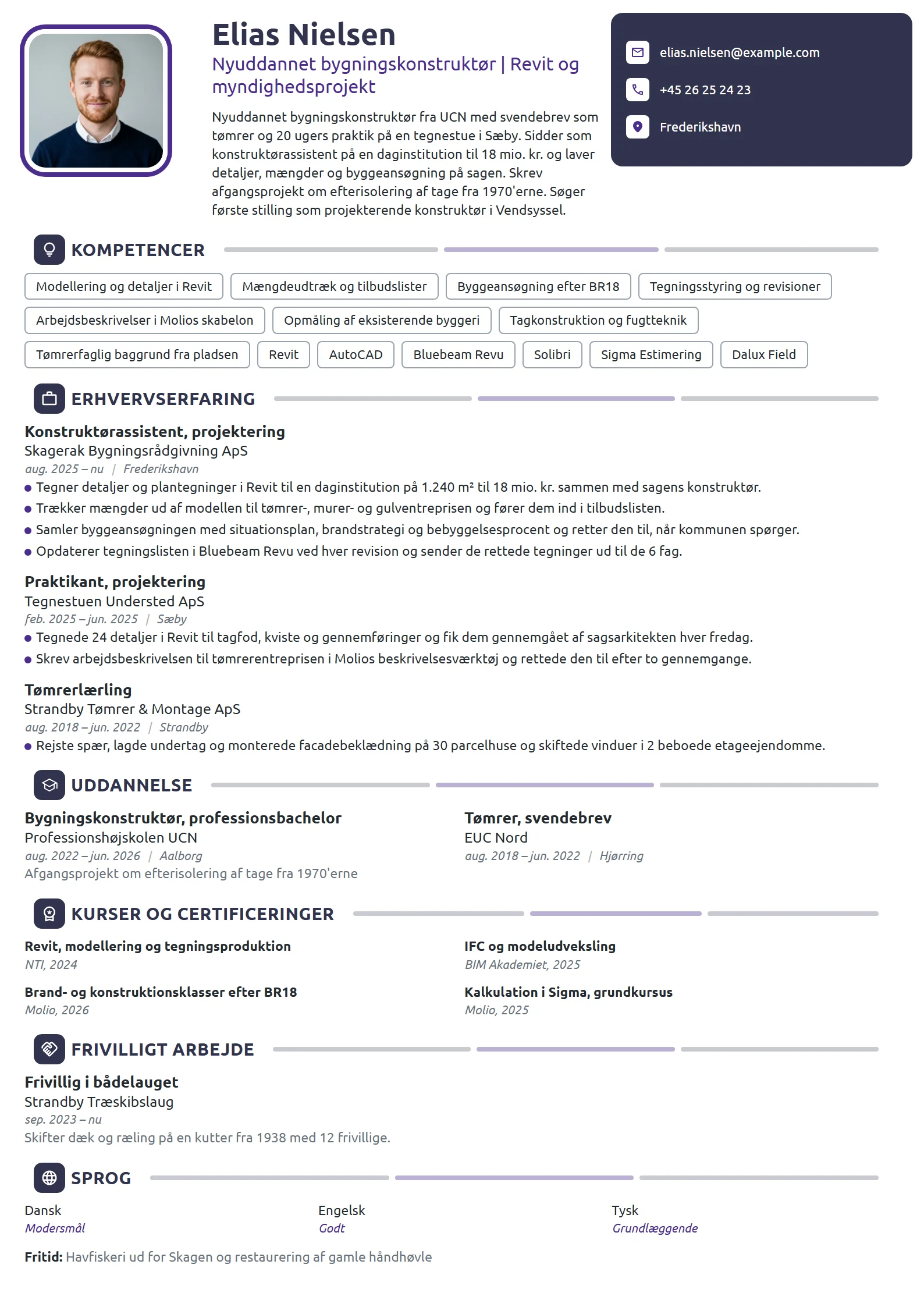 CV-eksempel til nyuddannet konstruktør, tømrerbaggrund