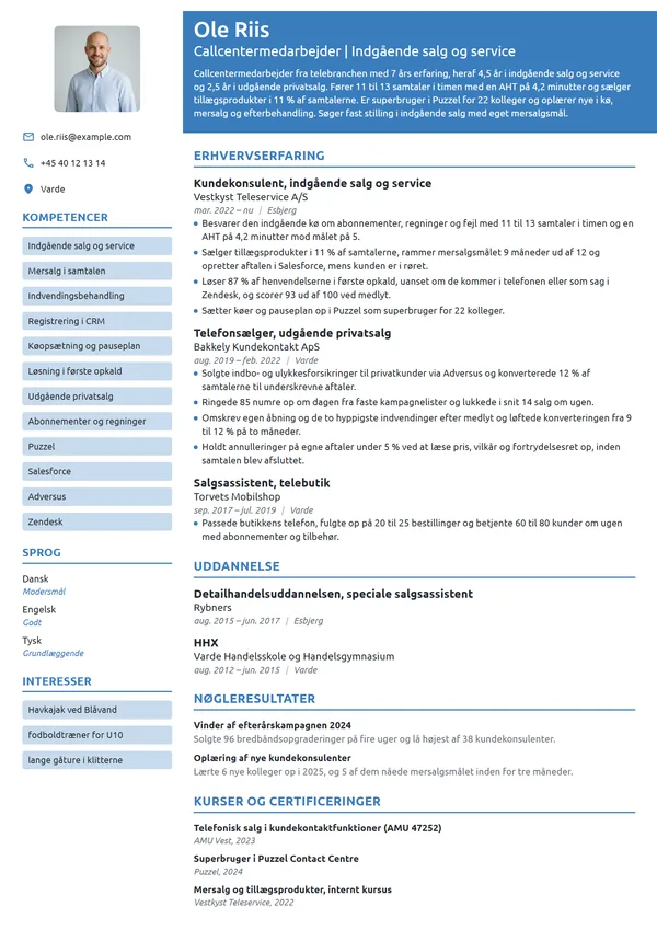 CV-eksempel til erfaren i indgående salg og service