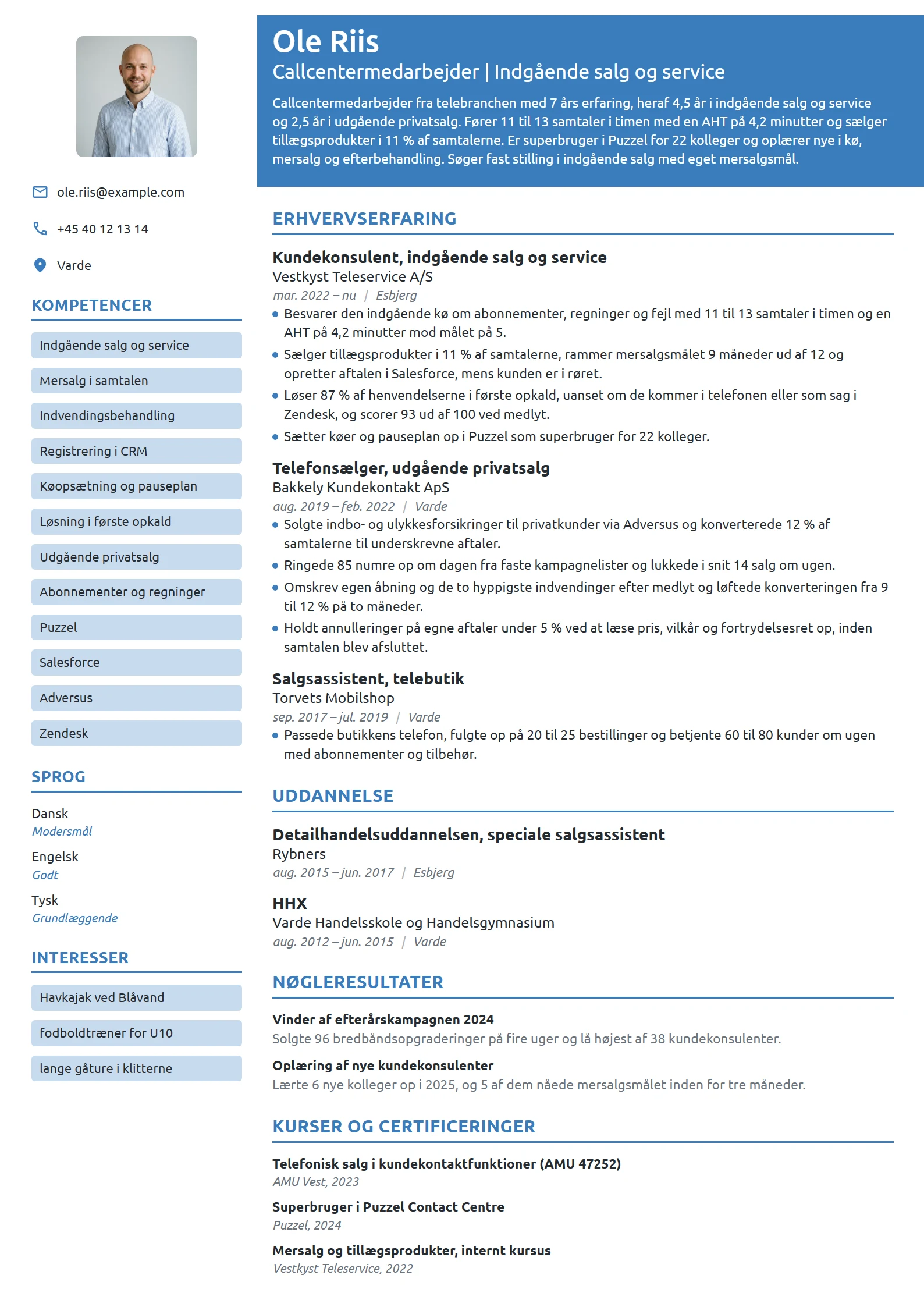 CV-eksempel til erfaren i indgående salg og service