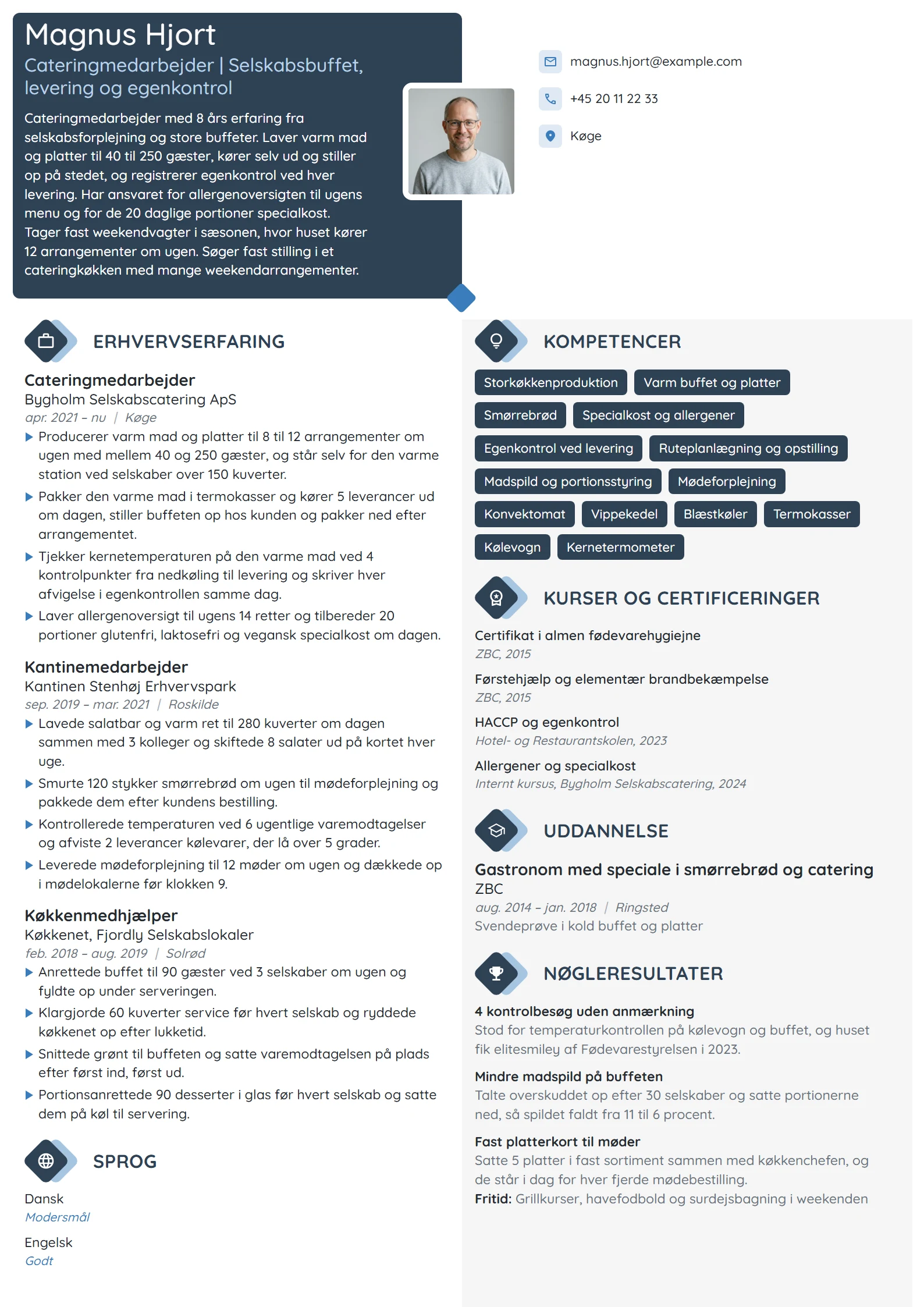 CV-eksempel til cateringmedarbejder til store selskaber