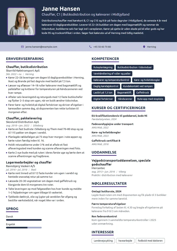 CV-eksempel til erfaren distributionschauffør med C1