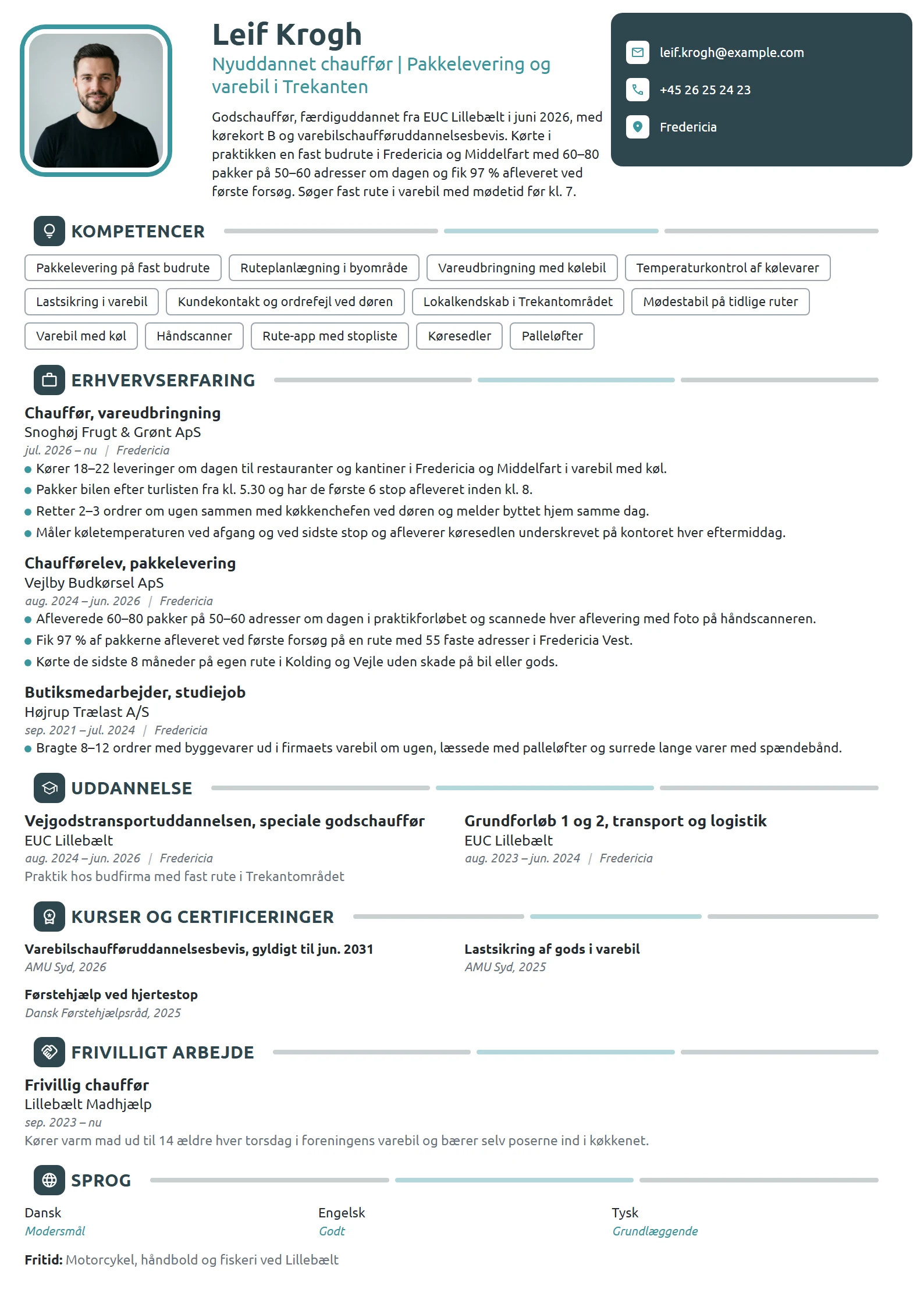CV-eksempel til nyuddannet chauffør, varebil