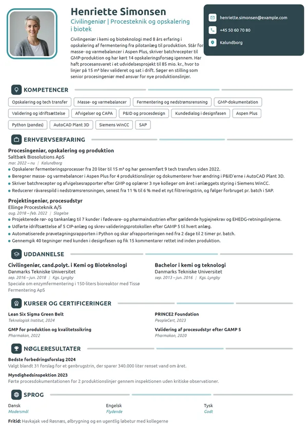 CV-eksempel til procesingeniør i biotekproduktion