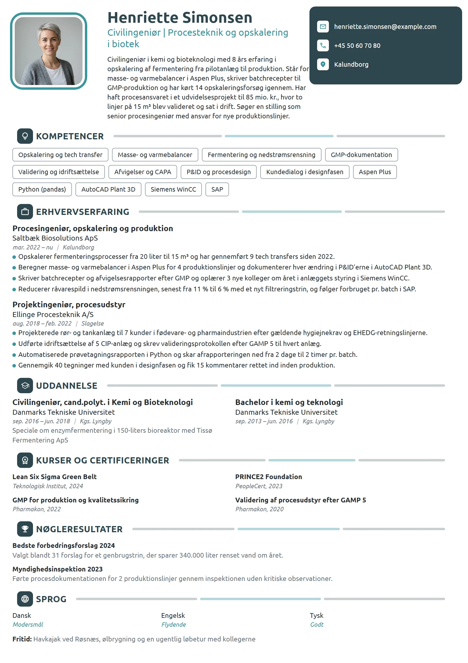 CV-eksempel til procesingeniør i biotekproduktion