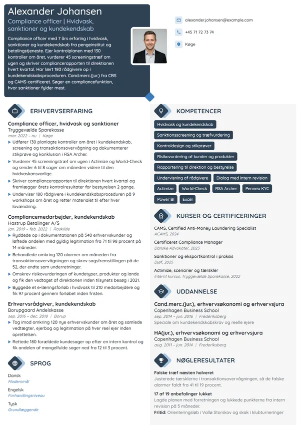 CV-eksempel til compliance officer i pengeinstitut