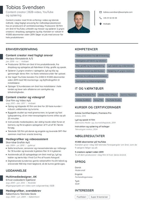 CV-eksempel til content creator med produktionsansvar