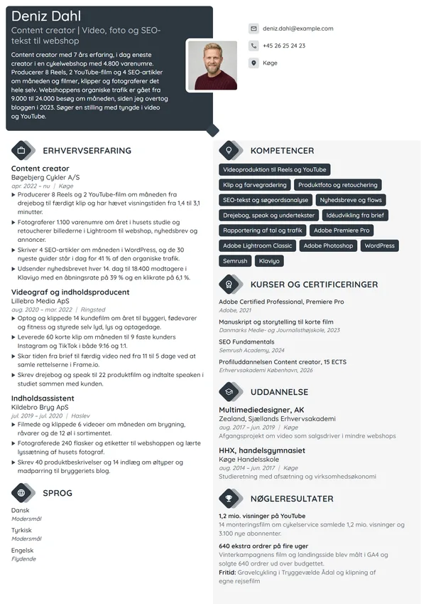 CV-eksempel til erfaren content creator i webshop