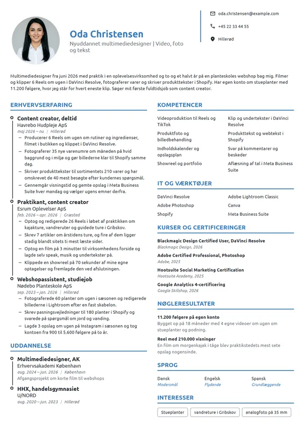 CV-eksempel til nyuddannet content creator