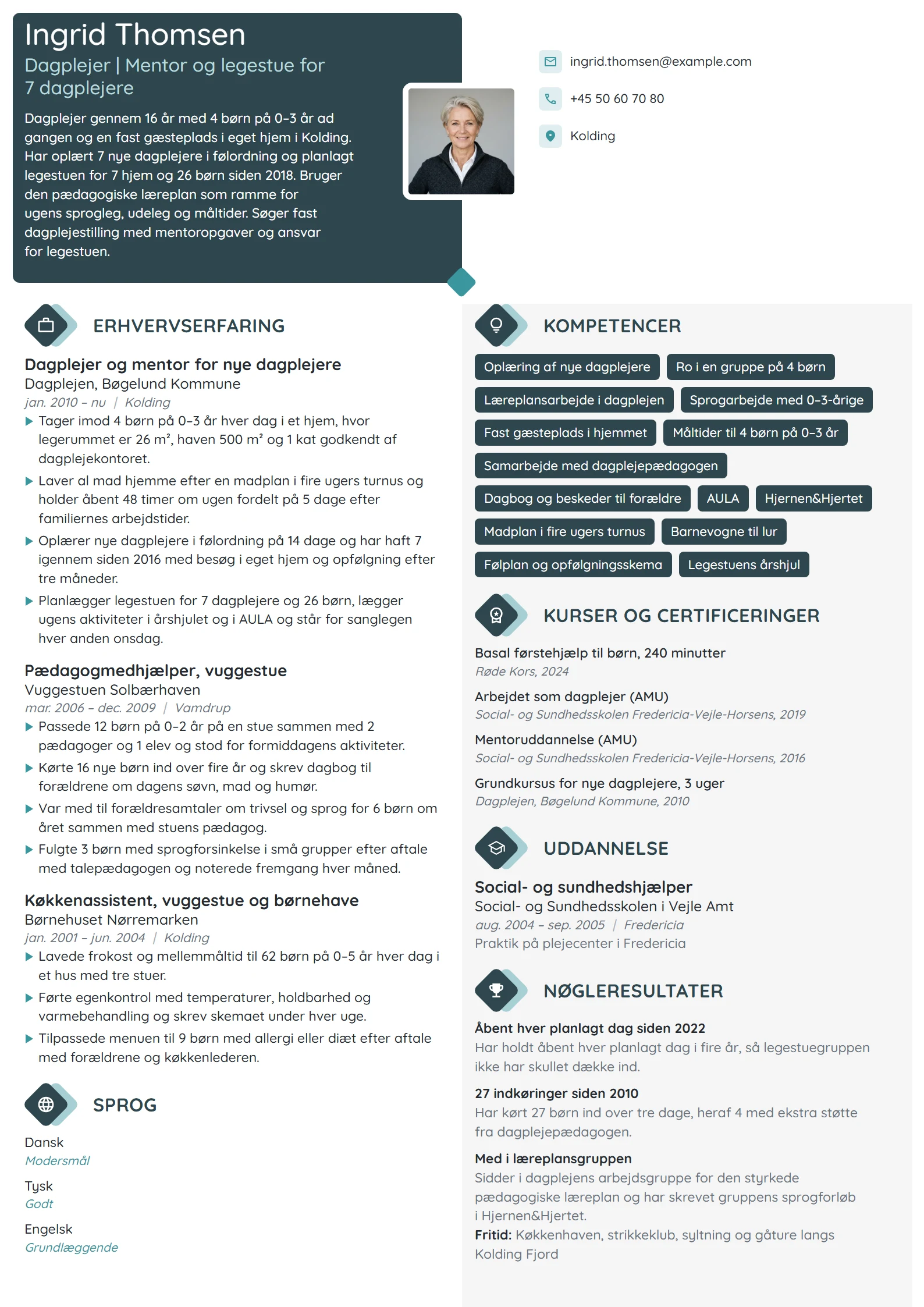 CV-eksempel til erfaren dagplejer med mentoransvar