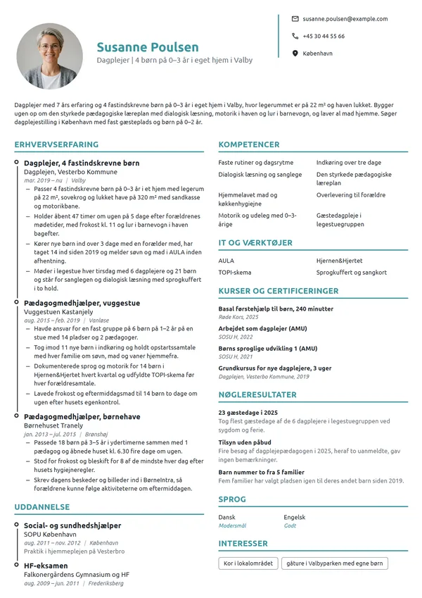 CV-eksempel til erfaren dagplejer med 4 børn i hjemmet