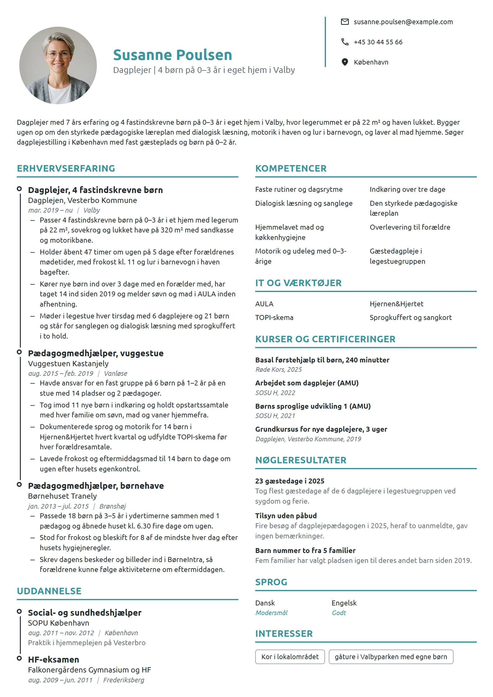 CV-eksempel til erfaren dagplejer med 4 børn i hjemmet