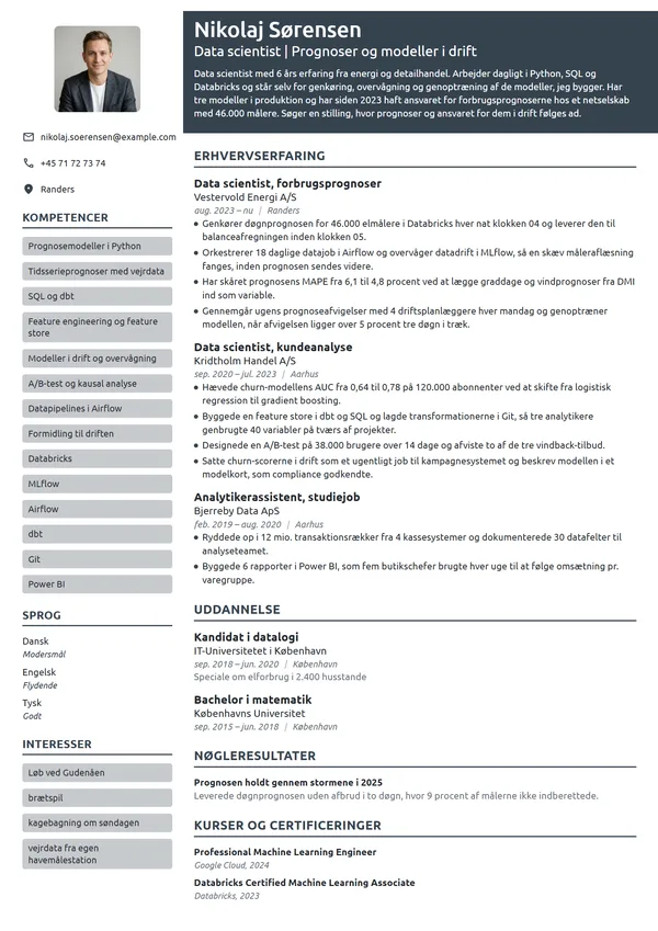 CV-eksempel til erfaren data scientist i energi