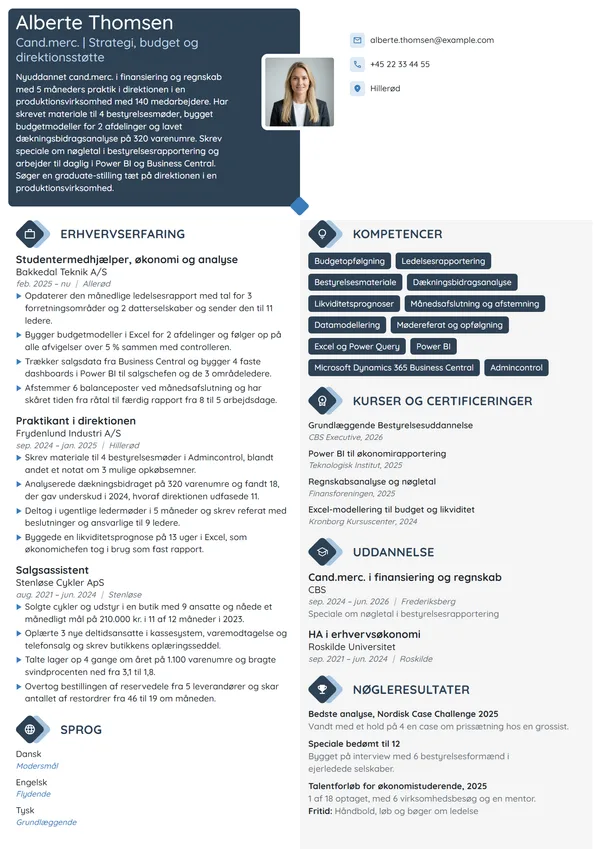 CV-eksempel til nyuddannet til direktionen