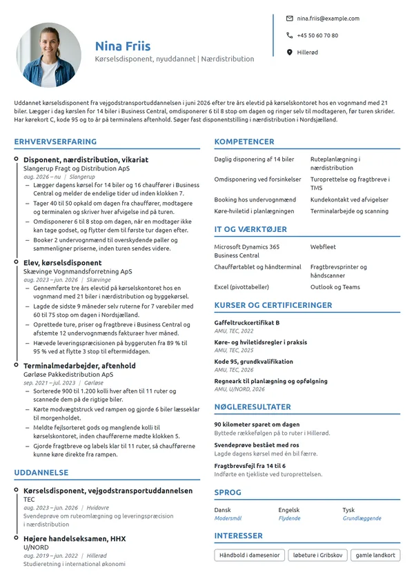 CV-eksempel til nyuddannet kørselsdisponent