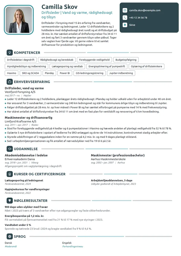 CV-eksempel til driftsleder i vand- og varmeforsyning