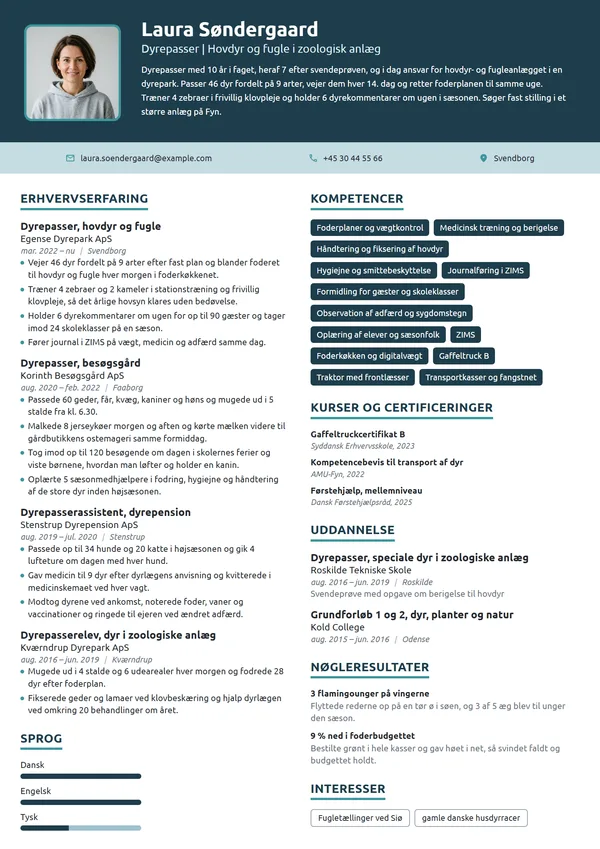 CV-eksempel til erfaren dyrepasser i dyrepark