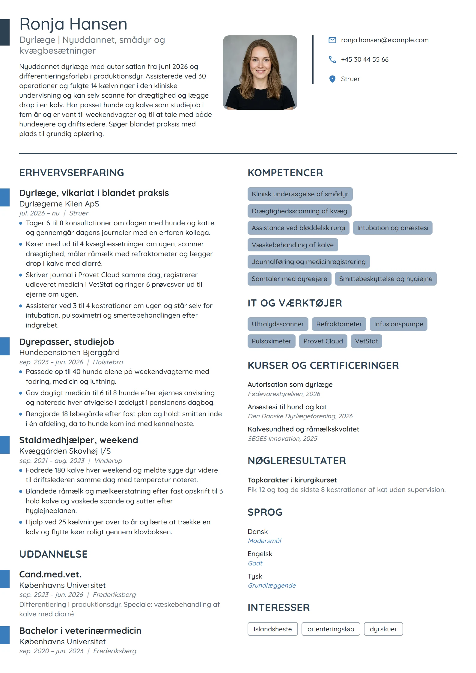 CV-eksempel til nyuddannet dyrlæge, smådyr og kvæg