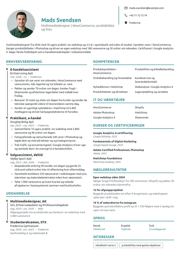 CV-eksempel til nyuddannet multimediedesigner i e-handel