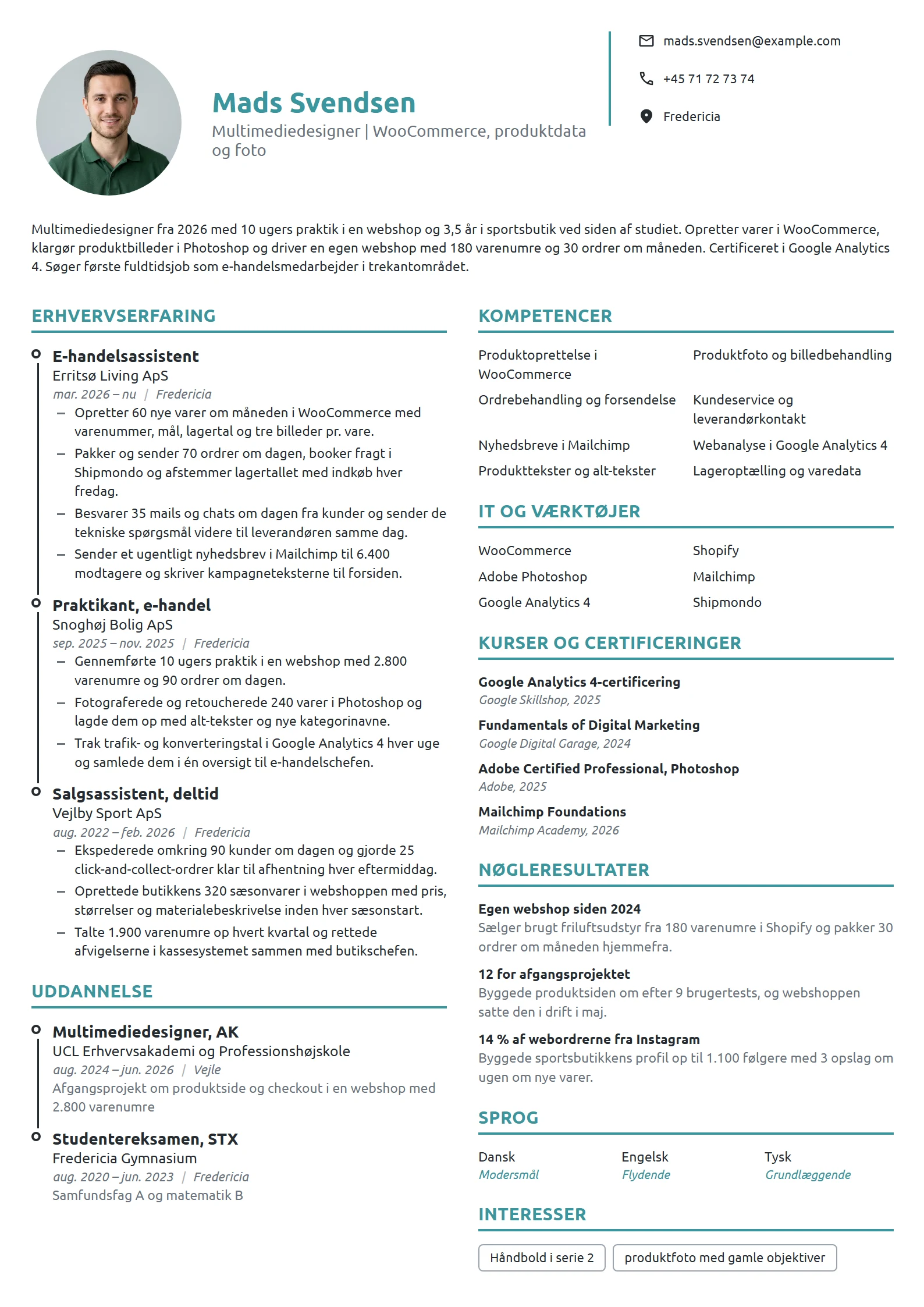 CV-eksempel til nyuddannet multimediedesigner i e-handel