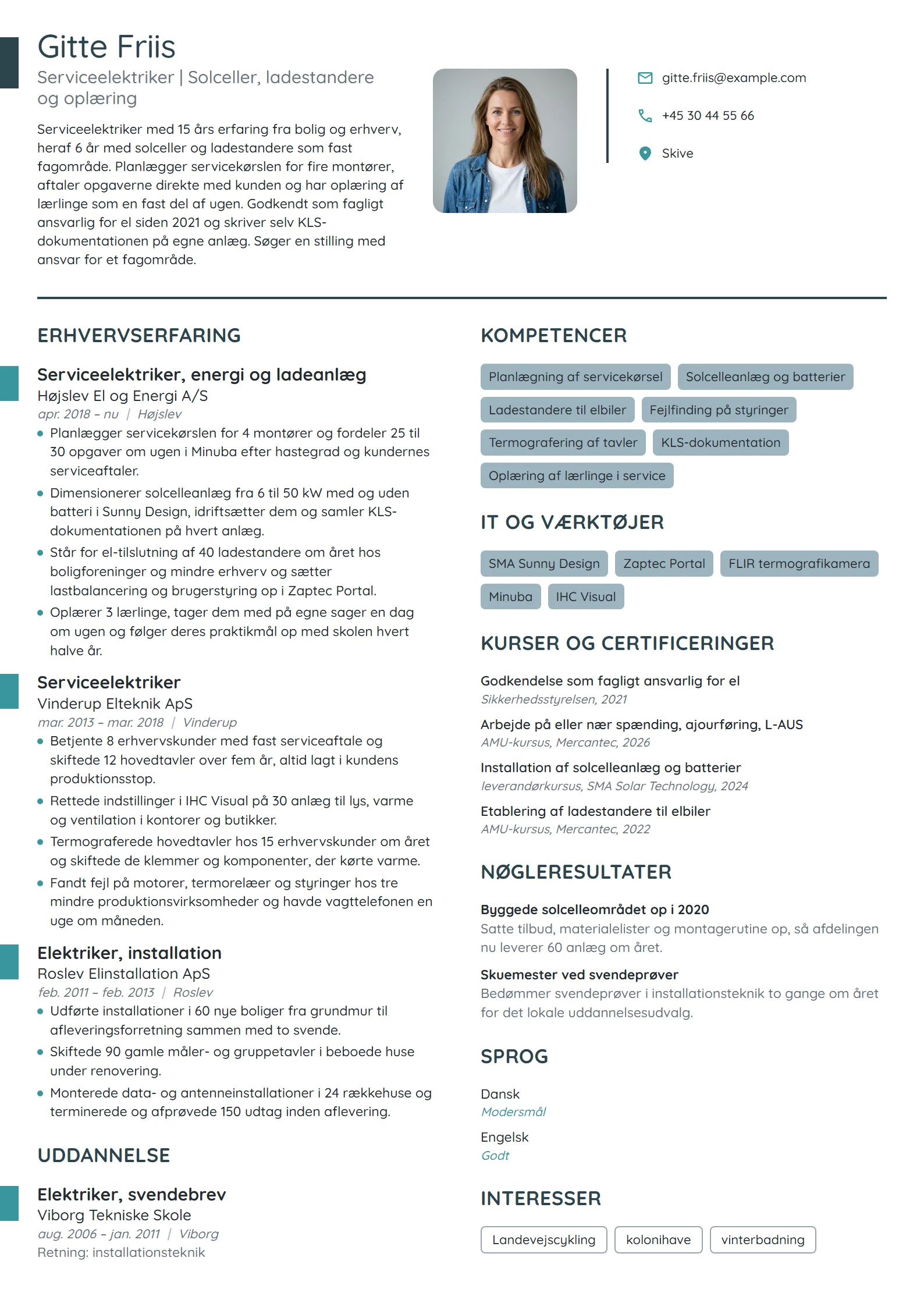 CV-eksempel til serviceelektriker med lærlingeansvar