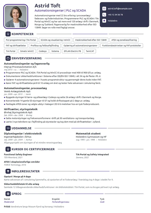 CV-eksempel til automationsingeniør med fagansvar