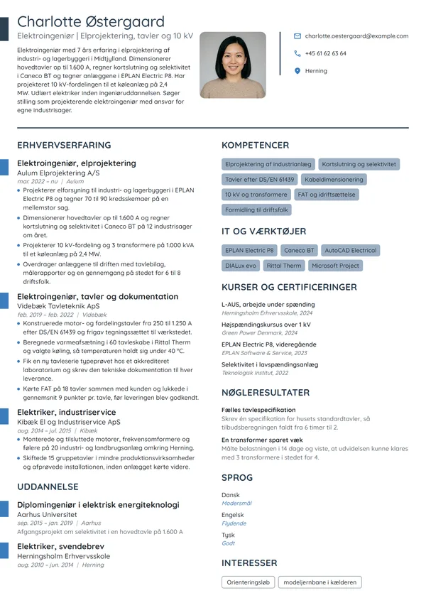 CV-eksempel til erfaren elektroingeniør i elprojektering