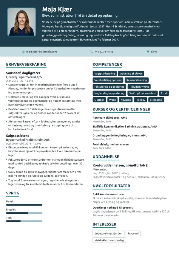 CV-eksempel til voksenelev med 16 år i detailhandlen