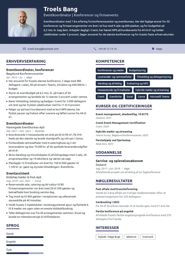 CV-eksempel til erfaren eventkoordinator, konferencer