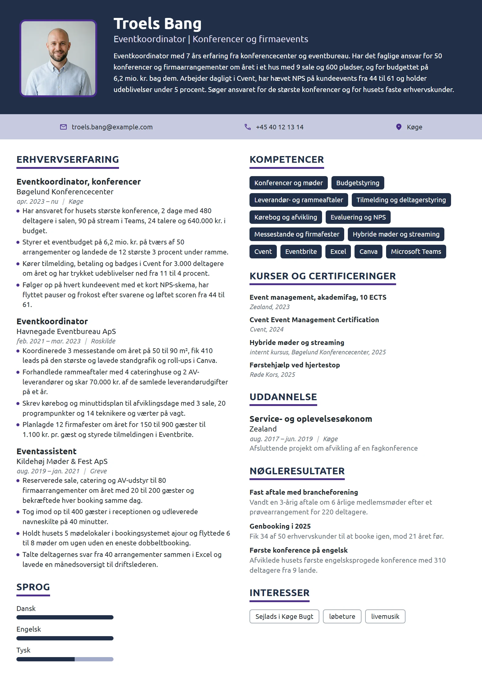 CV-eksempel til erfaren eventkoordinator, konferencer