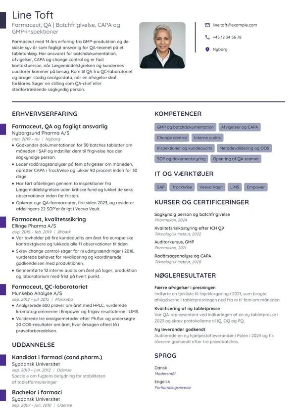 CV-eksempel til QA-farmaceut med teamansvar